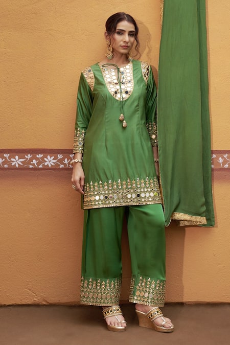 Shop Thetaa Green Silk, Cotton, Satin Embroidery, Mirrors, Tassels Work Kurta Palazzo Set Online at Aza Fashions Shop_Thetaa_Green Silk, Cotton, Satin Embroidery, Mirrors, Tassels Work Kurta Palazzo Set _Online_at_Aza_Fashions