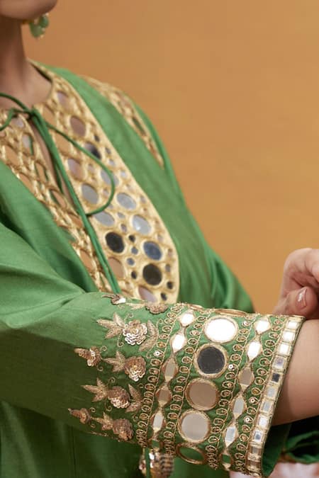 Thetaa Green Silk, Cotton, Satin Embroidery, Mirrors, Tassels Work Kurta Palazzo Set at Aza Fashions Thetaa_Green Silk, Cotton, Satin Embroidery, Mirrors, Tassels Work Kurta Palazzo Set _at_Aza_Fashions