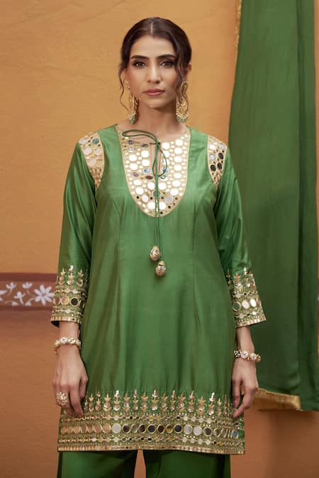 Buy Thetaa Green Silk, Cotton, Satin Embroidery, Mirrors, Tassels Work Kurta Palazzo Set Buy_Thetaa_Green Silk, Cotton, Satin Embroidery, Mirrors, Tassels Work Kurta Palazzo Set