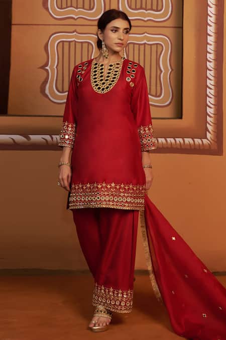 Shop_Thetaa_Red Silk Embroidery, Mirrors, Gota Patti Scoop Neck Hand Work Kurta Set _Online_at_Aza_Fashions