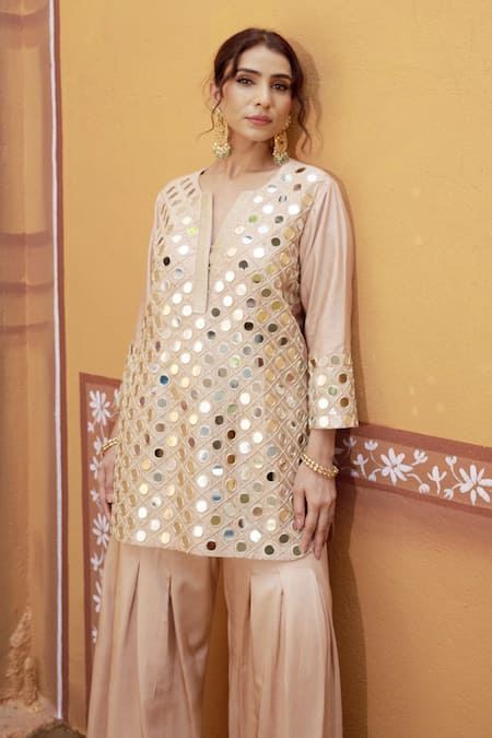 Buy_Thetaa_Beige Chanderi Silk, Satin, Organza Mirrors, Embroidery, Work Kurta Palazzo Set _Online_at_Aza_Fashions