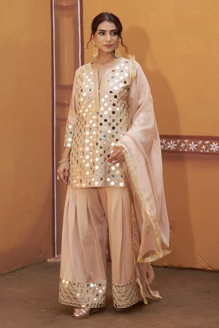 Thetaa_Beige Chanderi Silk, Satin, Organza Mirrors, Embroidery, Work Kurta Palazzo Set _at_Aza_Fashions