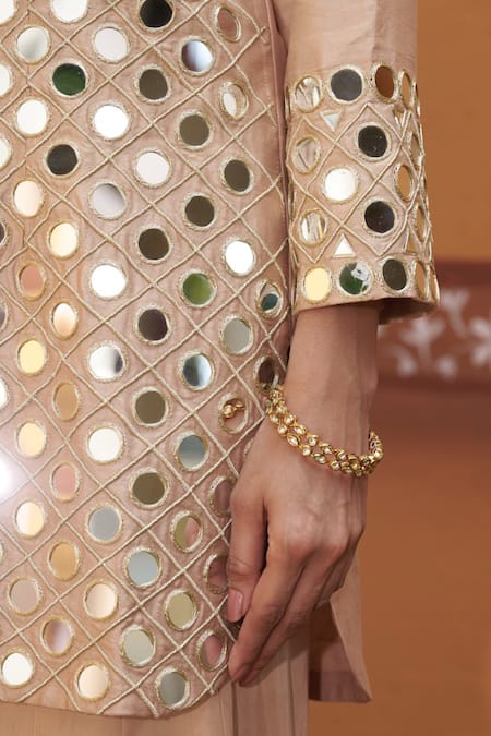 Shop_Thetaa_Beige Chanderi Silk, Satin, Organza Mirrors, Embroidery, Work Kurta Palazzo Set 