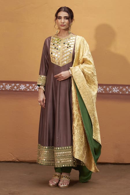 Thetaa_Brown Silk, Viscose, Polyester Mirrors, Embroidery, Zari Round Neck Anarkali Set _Online_at_Aza_Fashions