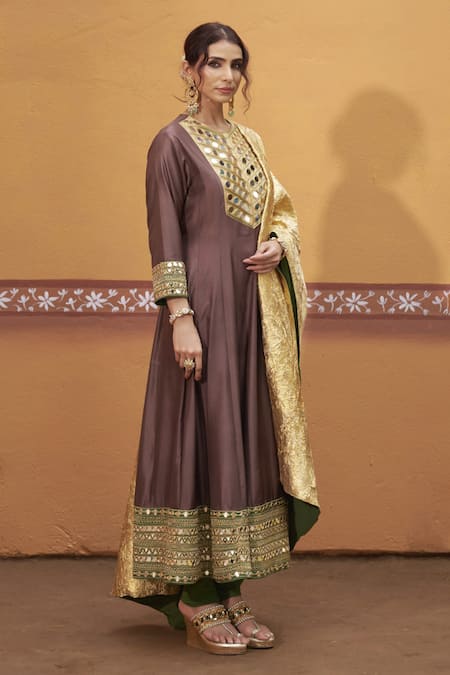 Shop_Thetaa_Brown Silk, Viscose, Polyester Mirrors, Embroidery, Zari Round Neck Anarkali Set 