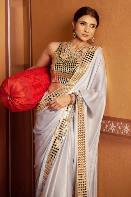 Thetaa_Gold Satin Mirrors Square , Scoop Work Saree And Blouse Set _Online_at_Aza_Fashions