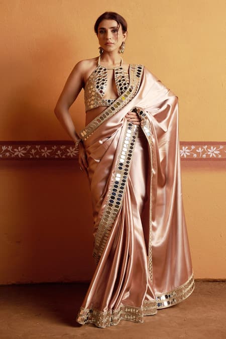 Buy_Thetaa_Brown Satin, Cotton Mirrors, Embroidery Halter Neck, Hand Saree And Blouse Set _Online_at_Aza_Fashions