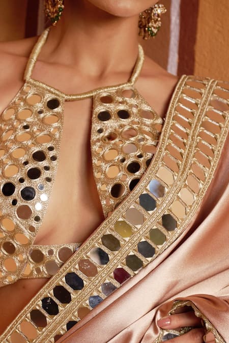 Thetaa_Brown Satin, Cotton Mirrors, Embroidery Halter Neck, Hand Saree And Blouse Set _at_Aza_Fashions