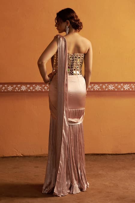 Thetaa Mirror Embroidered Corset & Pre-Draped Saree Set 