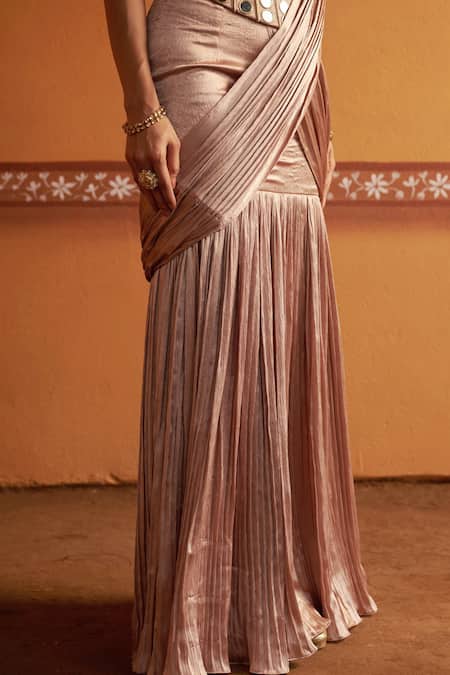 Buy_Thetaa_Blush Satin, Cotton Mirrors Sweetheart Embroidered Corset And Pre-draped Saree Set _Online_at_Aza_Fashions