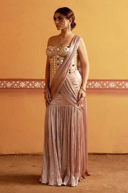 Shop_Thetaa_Blush Satin, Cotton Mirrors Sweetheart Embroidered Corset And Pre-draped Saree Set _Online_at_Aza_Fashions