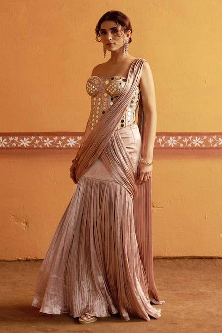 Buy_Thetaa_Blush Satin, Cotton Mirrors Sweetheart Embroidered Corset And Pre-draped Saree Set 