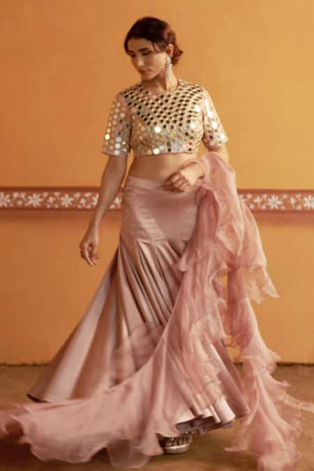 Thetaa_Blush Satin Mirrors, Embroidery, Ruffles Round Blouse And Pleated Lehenga Set _Online_at_Aza_Fashions