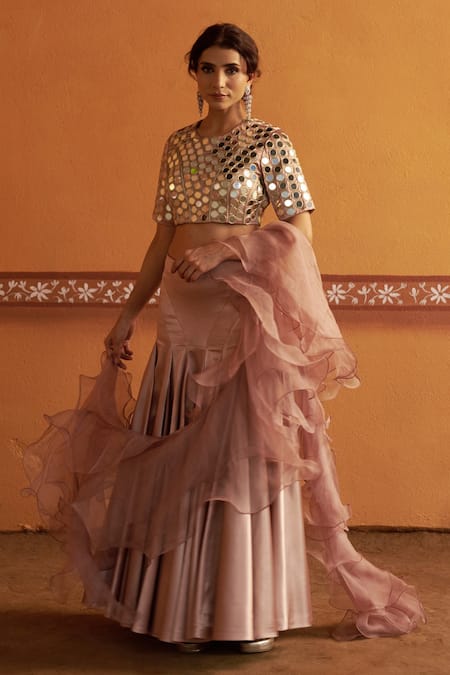 Buy_Thetaa_Blush Satin Mirrors, Embroidery, Ruffles Round Blouse And Pleated Lehenga Set _Online_at_Aza_Fashions