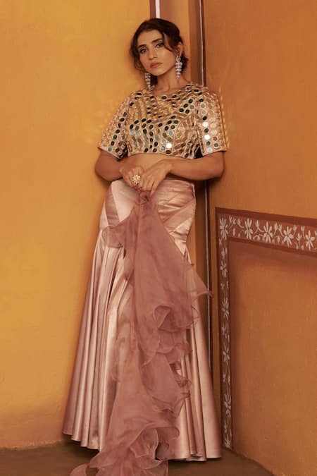 Shop_Thetaa_Blush Satin Mirrors, Embroidery, Ruffles Round Blouse And Pleated Lehenga Set _Online_at_Aza_Fashions