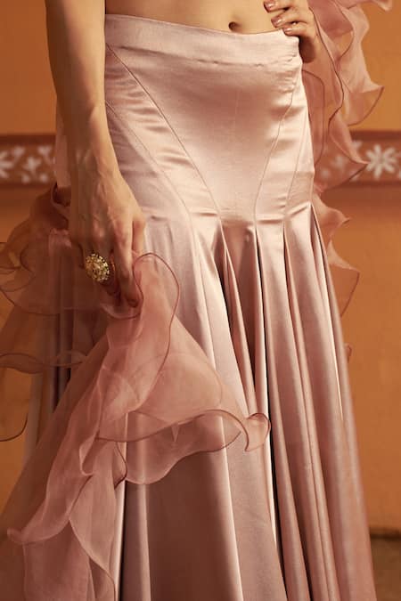 Buy_Thetaa_Blush Satin Mirrors, Embroidery, Ruffles Round Blouse And Pleated Lehenga Set 