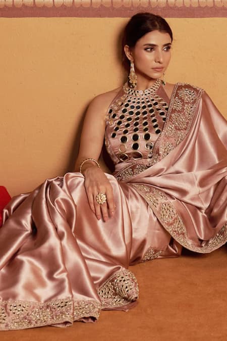 Buy_Thetaa_Beige Satin, Cotton Embroidery, Mirrors, Zari Halter Hand Saree And Blouse Set _Online_at_Aza_Fashions