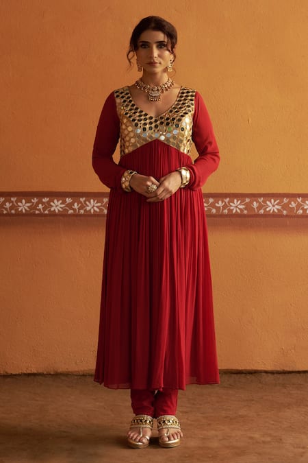Shop_Thetaa_Red Georgette, Silk, Shantoon Mirrors, Zari V-neck Embroidered Anarkali Set 