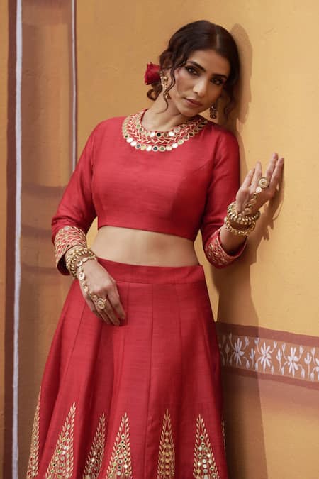 Thetaa_Red Silk, Organza Embroidery, Mirrors, Zari Round Neck Hand Lehenga Set _Online_at_Aza_Fashions
