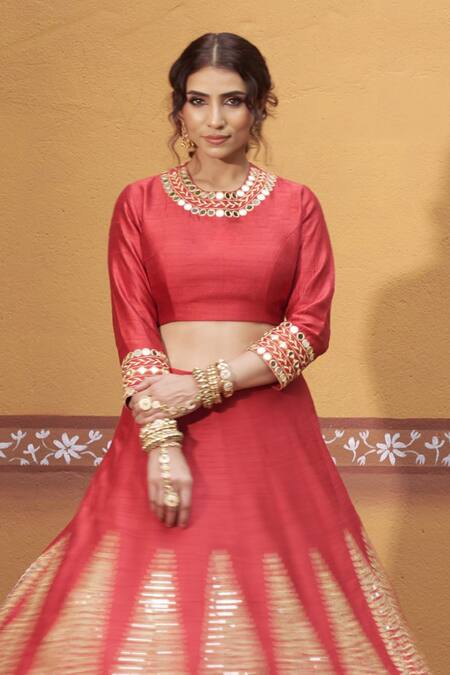 Buy_Thetaa_Red Silk, Organza Embroidery, Mirrors, Zari Round Neck Hand Lehenga Set _Online_at_Aza_Fashions