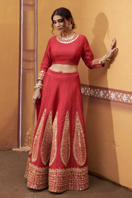 Shop_Thetaa_Red Silk, Organza Embroidery, Mirrors, Zari Round Neck Hand Lehenga Set _Online_at_Aza_Fashions