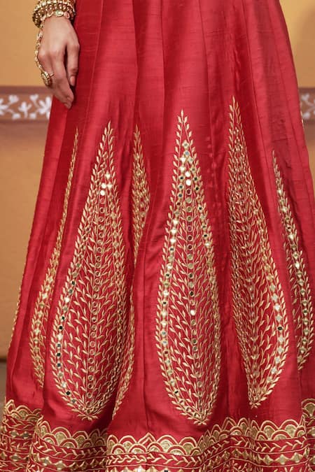 Shop_Thetaa_Red Silk, Organza Embroidery, Mirrors, Zari Round Neck Hand Lehenga Set 