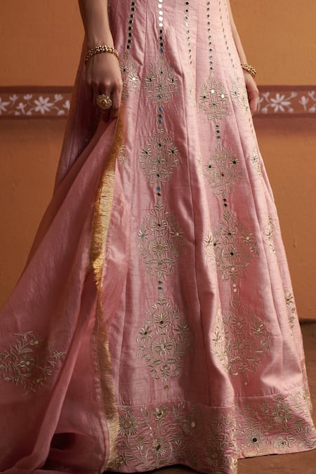 Buy_Thetaa_Pink Silk, Organza Embroidery, Mirrors V-neck Lehenga Blouse Set 