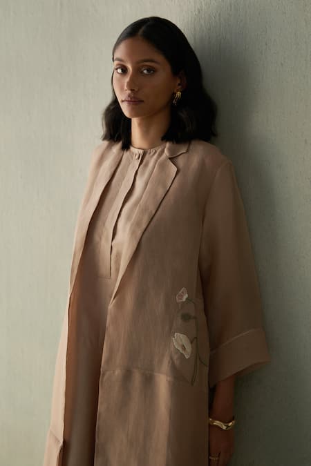 Buy_Febo6_Brown Silk Organza Embroidery Open Neck Floral Jacket _Online_at_Aza_Fashions