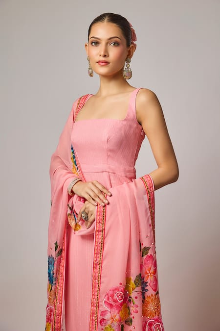 Krishna Padia_Pink Lurex, Georgette, Lycra, Organza Embroidery Square Neck Straight Kurta Set _Online_at_Aza_Fashions