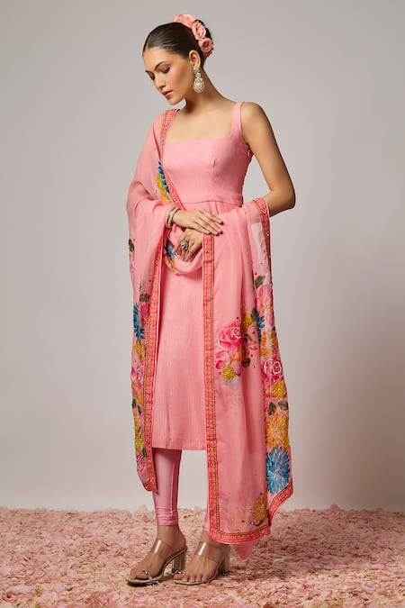 Buy_Krishna Padia_Pink Lurex, Georgette, Lycra, Organza Embroidery Square Neck Straight Kurta Set _Online_at_Aza_Fashions