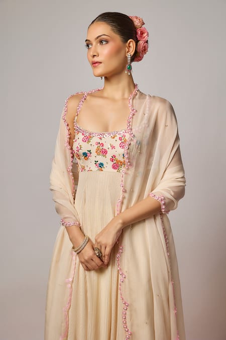 Krishna Padia_Ivory Lurex, Georgette, Lycra, Organza Embroidery, Floral Hand Anarkali Set _Online_at_Aza_Fashions