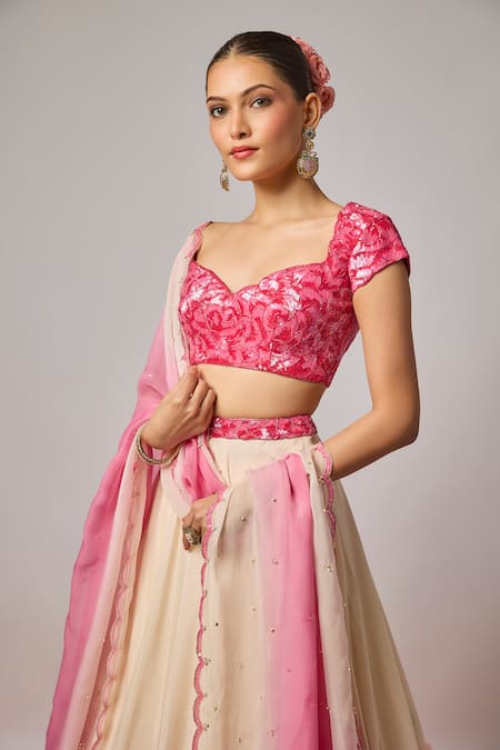 Krishna Padia_Ivory Organza Embroidery, Sequins, Stones Sweetheart Floral Hand Lehenga Set _Online_at_Aza_Fashions