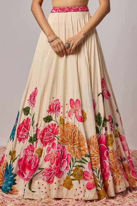 Shop_Krishna Padia_Ivory Organza Embroidery, Sequins, Stones Sweetheart Floral Hand Lehenga Set _Online_at_Aza_Fashions