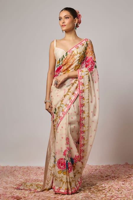 Krishna Padia Floral Embroidered Pre-Draped Saree With Blouse 