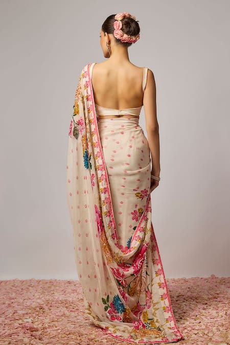 Krishna Padia Floral Embroidered Pre-Draped Saree With Blouse 
