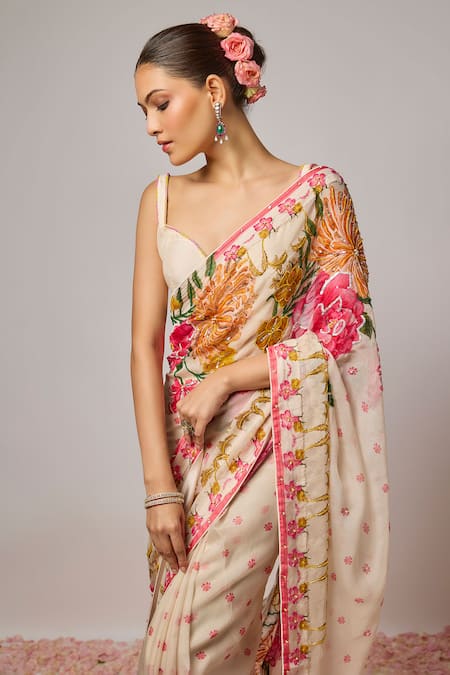 Buy_Krishna Padia_Ivory Organza, Dupion Embroidery, Sequins Floral Pre-draped Saree With Blouse _Online_at_Aza_Fashions