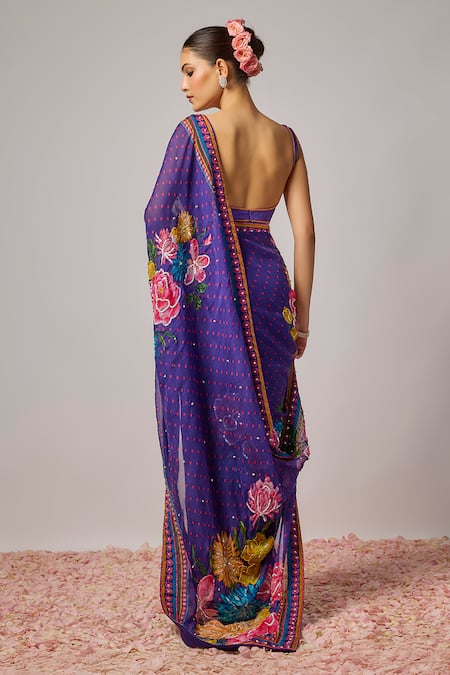 Krishna Padia Floral Hand Embroidered Pre-Draped Saree & Blouse 