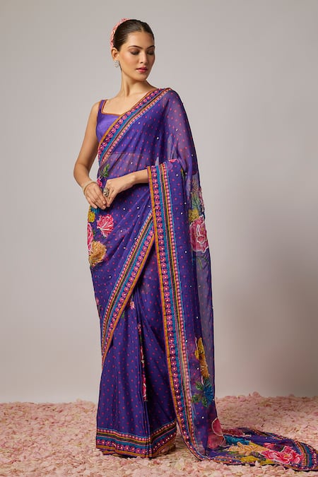 Krishna Padia Floral Hand Embroidered Pre-Draped Saree & Blouse 