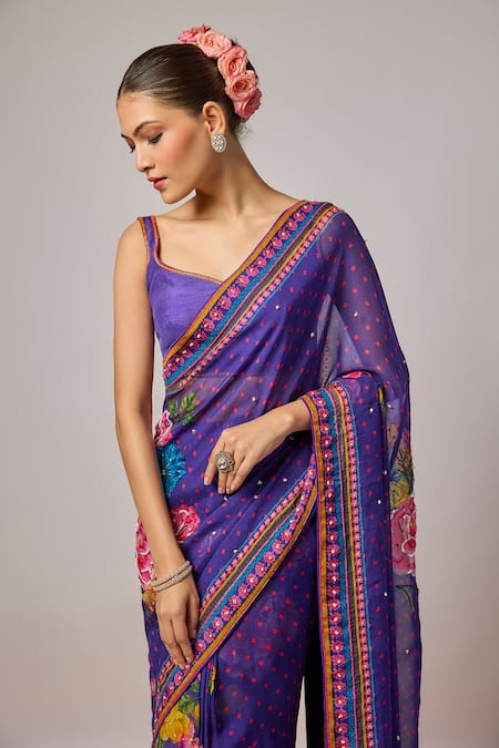 Buy Krishna Padia Blue Organza Embroidery, Sequins, Zari Floral Hand Pre-draped Saree And Blouse Online at Aza Fashions Buy_Krishna Padia_Blue Organza Embroidery, Sequins, Zari Floral Hand Pre-draped Saree And Blouse _Online_at_Aza_Fashions