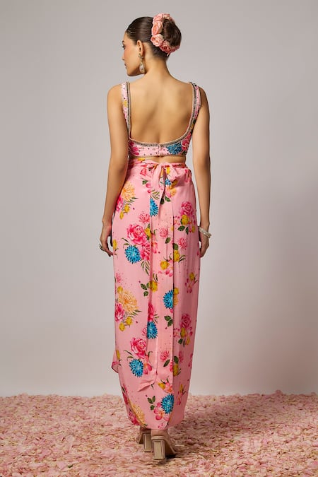 Krishna Padia Floral Hand Embroidered Blouse & Draped Skirt Set 