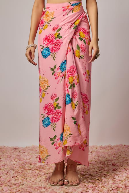 Buy Krishna Padia Pink Crepe Embroidery, Stones Square Neck Floral Hand Blouse And Draped Skirt Set Online at Aza Fashions Buy_Krishna Padia_Pink Crepe Embroidery, Stones Square Neck Floral Hand Blouse And Draped Skirt Set _Online_at_Aza_Fashions
