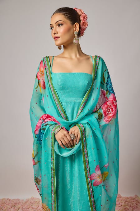 Buy_Krishna Padia_Aqua Lurex, Georgette, Lycra, Organza Embroidery, Floral Hand Kurta Set _Online_at_Aza_Fashions