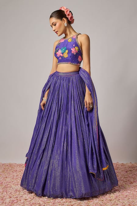 Buy_Krishna Padia_Blue Lurex, Georgette, Crepe Metallic Thread, Floral Hand Lehenga Set _Online_at_Aza_Fashions