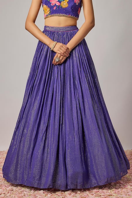 Shop_Krishna Padia_Blue Lurex, Georgette, Crepe Metallic Thread, Floral Hand Lehenga Set _Online_at_Aza_Fashions