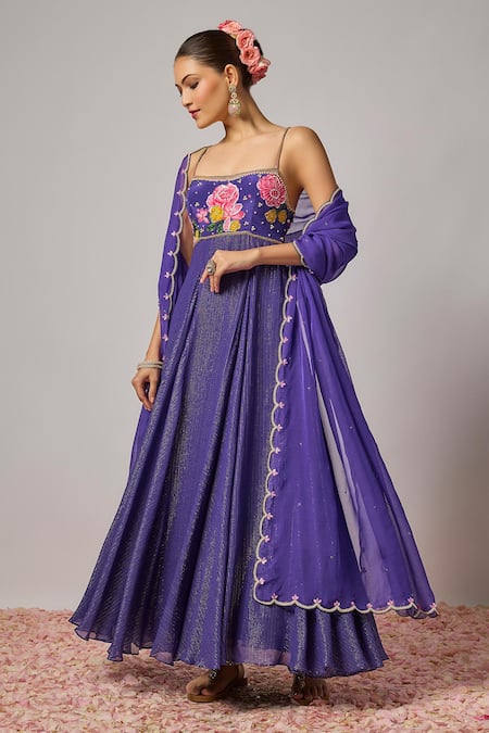 Krishna Padia Blue Lurex, Georgette, Lycra, Organza Embroidery, Floral Hand Anarkali Set Online at Aza Fashions Krishna Padia_Blue Lurex, Georgette, Lycra, Organza Embroidery, Floral Hand Anarkali Set _Online_at_Aza_Fashions