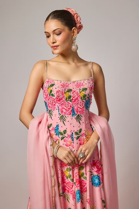 Krishna Padia Pink Crepe, Lycra, Organza Embroidery, Sequins Square Floral Hand Anarkali Set Online at Aza Fashions Krishna Padia_Pink Crepe, Lycra, Organza Embroidery, Sequins Square Floral Hand Anarkali Set _Online_at_Aza_Fashions
