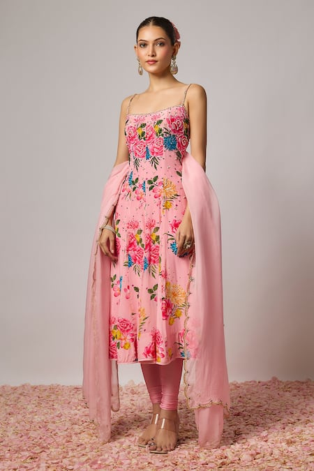 Buy Krishna Padia Pink Crepe, Lycra, Organza Embroidery, Sequins Square Floral Hand Anarkali Set Online at Aza Fashions Buy_Krishna Padia_Pink Crepe, Lycra, Organza Embroidery, Sequins Square Floral Hand Anarkali Set _Online_at_Aza_Fashions