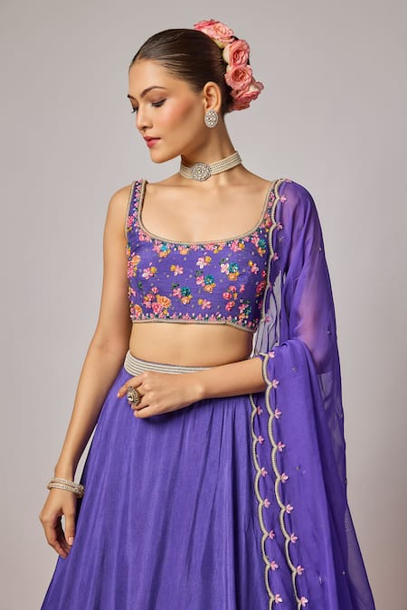 Krishna Padia Blue Silk, Organza Embroidery, Sequins, Beads, Pearls, Hand Lehenga Blouse Set Online at Aza Fashions Krishna Padia_Blue Silk, Organza Embroidery, Sequins, Beads, Pearls, Hand Lehenga Blouse Set _Online_at_Aza_Fashions