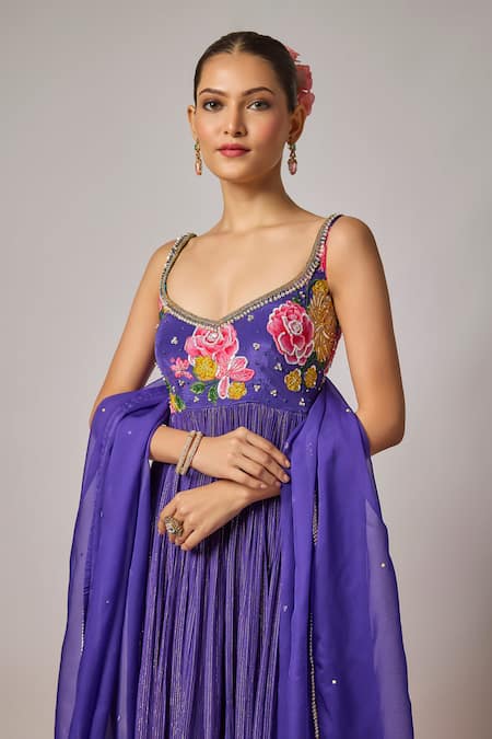 Buy_Krishna Padia_Blue Lurex, Georgette, Lycra, Organza Embroidery Scoop Floral Hand Anarkali Set _Online_at_Aza_Fashions