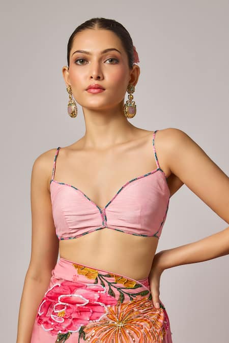 Krishna Padia_Pink Organza, Silk Embroidery, Sequins Floral Hand Pre-draped Saree With Blouse _Online_at_Aza_Fashions